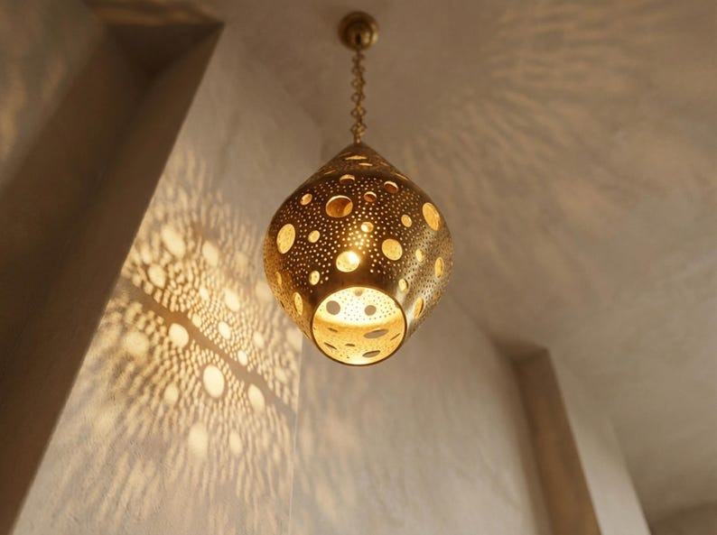 Moroccan Pierced Brass Teardrop Pendant Light – Perforated Lantern Chandelier with Circular Shadow Pattern