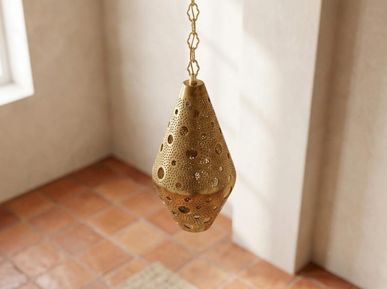 Moroccan Pierced Brass Teardrop Pendant Light – Perforated Lantern Chandelier with Circular Shadow Pattern