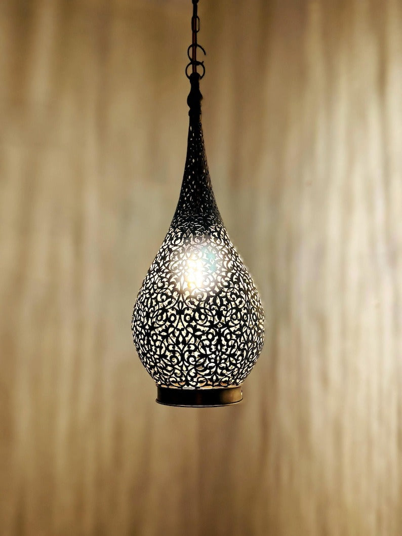 Moroccan Pierced Teardrop Lantern Pendant Light, Handmade Moorish Filigree Hanging Lamp, Boho Arabic Shadow Chandelier, Rustic Black Metal Ceiling Light Fixture