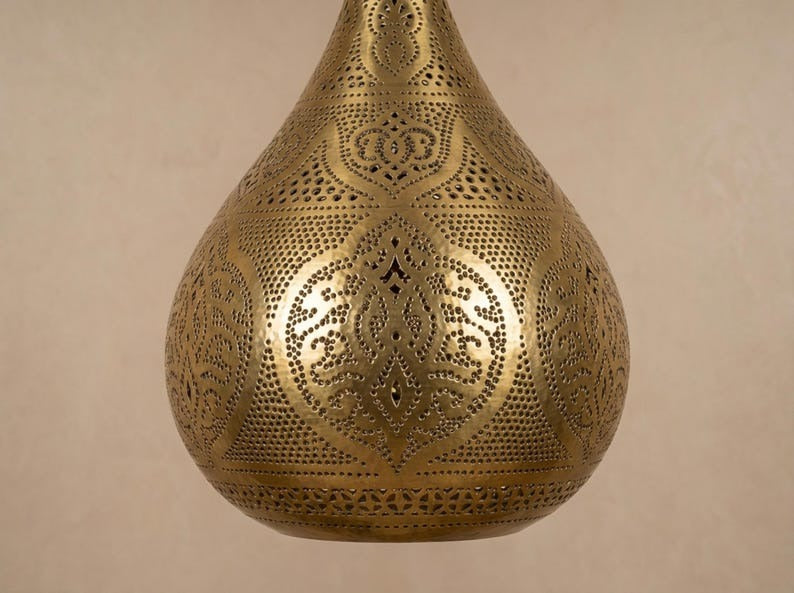 Moroccan Pierced Brass Teardrop Pendant Light – Large Filigree Lantern Chandelier with Shadow Pattern