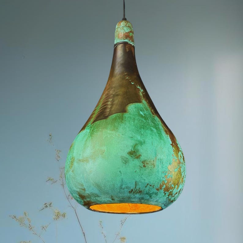 Handmade Moroccan Brass Pendant Light – Green Verdigris Patina Teardrop Ceiling Lamp with Antique Brass & Copper Interior, Kitchen Island & Dining Room Lighting