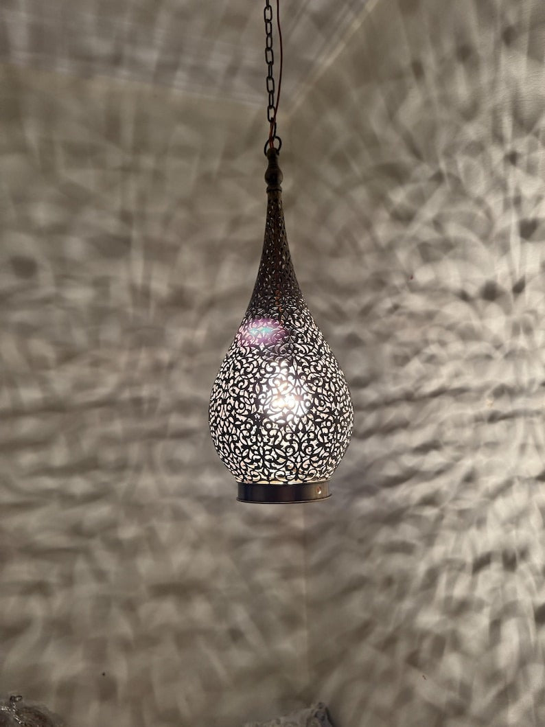 Moroccan Pierced Teardrop Lantern Pendant Light, Handmade Moorish Filigree Hanging Lamp, Boho Arabic Shadow Chandelier, Rustic Black Metal Ceiling Light Fixture