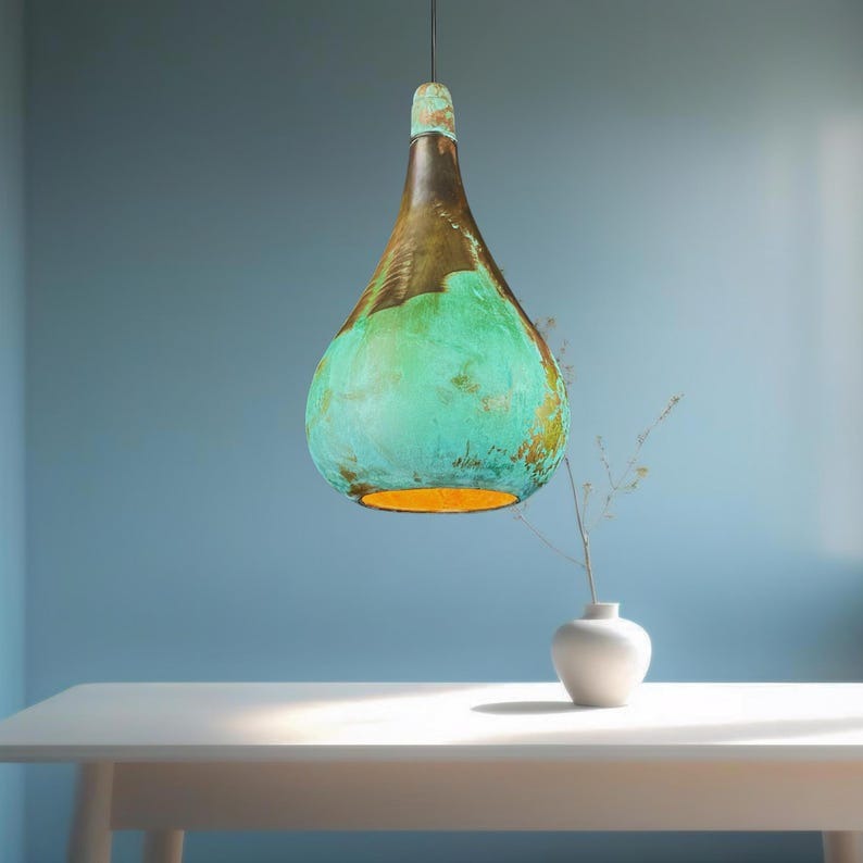 Handmade Moroccan Brass Pendant Light – Green Verdigris Patina Teardrop Ceiling Lamp with Antique Brass & Copper Interior, Kitchen Island & Dining Room Lighting