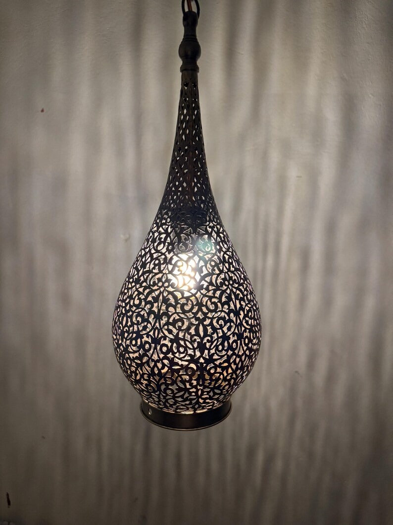Moroccan Pierced Teardrop Lantern Pendant Light, Handmade Moorish Filigree Hanging Lamp, Boho Arabic Shadow Chandelier, Rustic Black Metal Ceiling Light Fixture