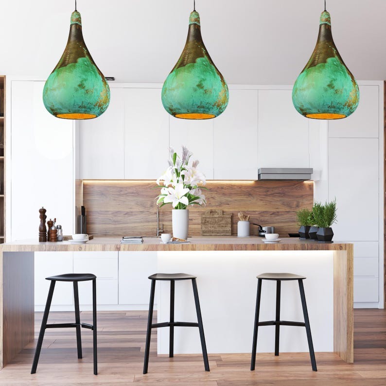 Handmade Moroccan Brass Pendant Light – Green Verdigris Patina Teardrop Ceiling Lamp with Antique Brass & Copper Interior, Kitchen Island & Dining Room Lighting