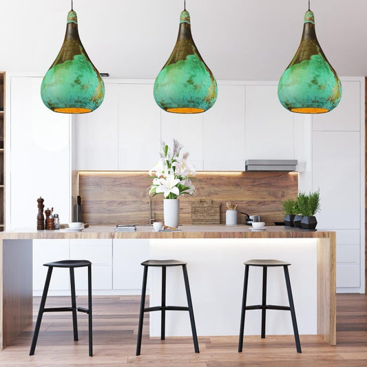 Set of 3 Handmade Moroccan Brass Pendant Lights – Green Verdigris Patina Teardrop Ceiling Lamps with Antique Brass & Copper Interior, Kitchen Island & Dining Room Lighting