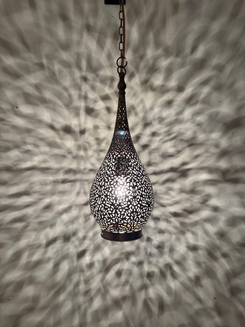 Moroccan Pierced Teardrop Lantern Pendant Light, Handmade Moorish Filigree Hanging Lamp, Boho Arabic Shadow Chandelier, Rustic Black Metal Ceiling Light Fixture