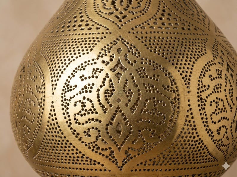 Moroccan Pierced Brass Teardrop Pendant Light – Large Filigree Lantern Chandelier with Shadow Pattern