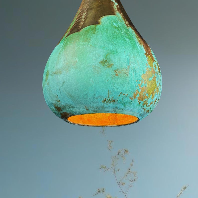 Handmade Moroccan Brass Pendant Light – Green Verdigris Patina Teardrop Ceiling Lamp with Antique Brass & Copper Interior, Kitchen Island & Dining Room Lighting