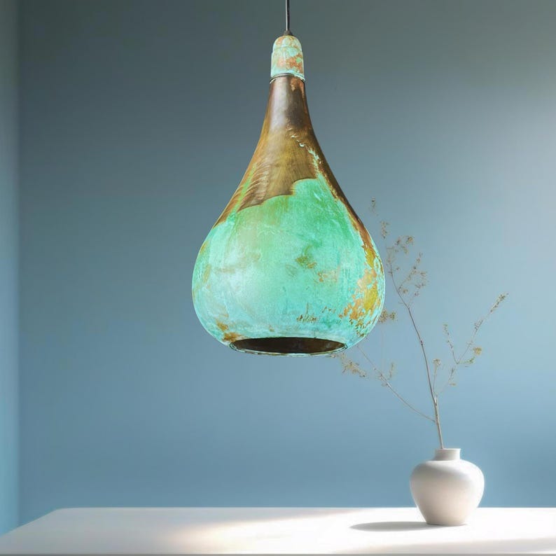 Handmade Moroccan Brass Pendant Light – Green Verdigris Patina Teardrop Ceiling Lamp with Antique Brass & Copper Interior, Kitchen Island & Dining Room Lighting
