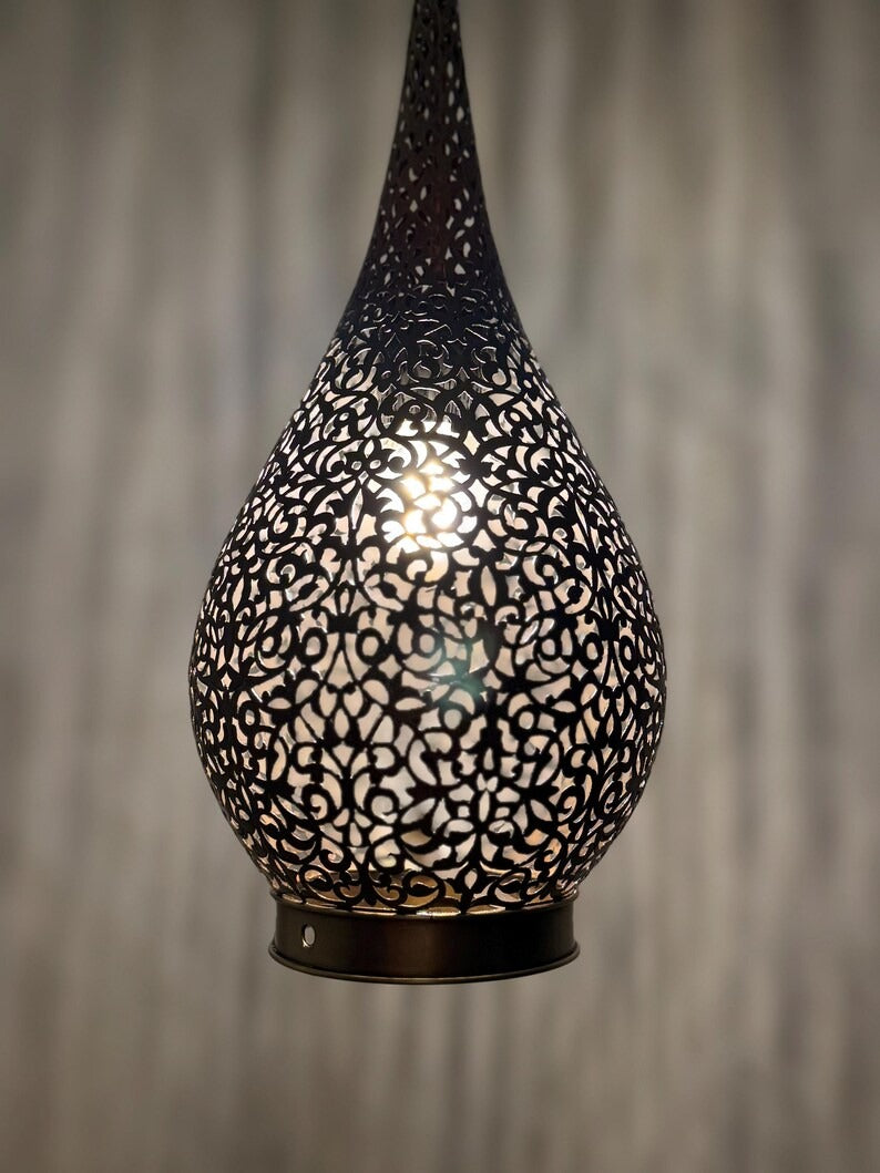 Moroccan Pierced Teardrop Lantern Pendant Light, Handmade Moorish Filigree Hanging Lamp, Boho Arabic Shadow Chandelier, Rustic Black Metal Ceiling Light Fixture