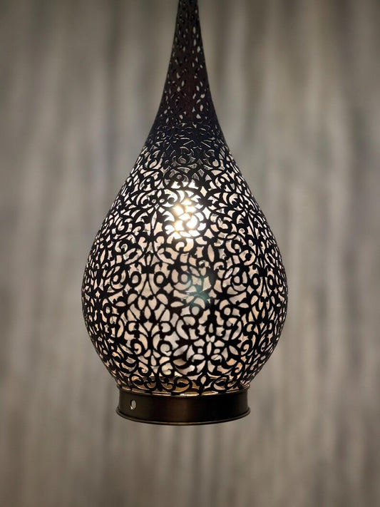 Moroccan Pierced Teardrop Lantern Pendant Light, Handmade Moorish Filigree Hanging Lamp, Boho Arabic Shadow Chandelier, Rustic Black Metal Ceiling Light Fixture