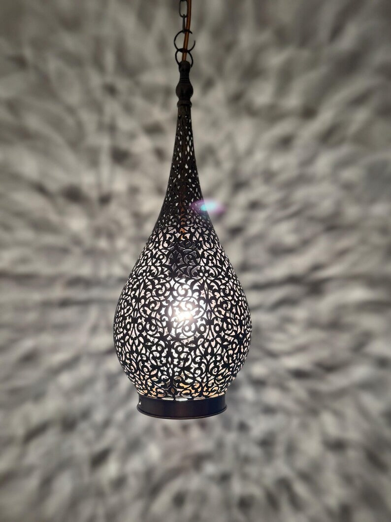 Moroccan Pierced Teardrop Lantern Pendant Light, Handmade Moorish Filigree Hanging Lamp, Boho Arabic Shadow Chandelier, Rustic Black Metal Ceiling Light Fixture