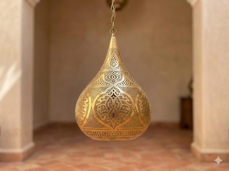 Moroccan Pierced Brass Teardrop Pendant Light – Large Filigree Lantern Chandelier with Shadow Pattern