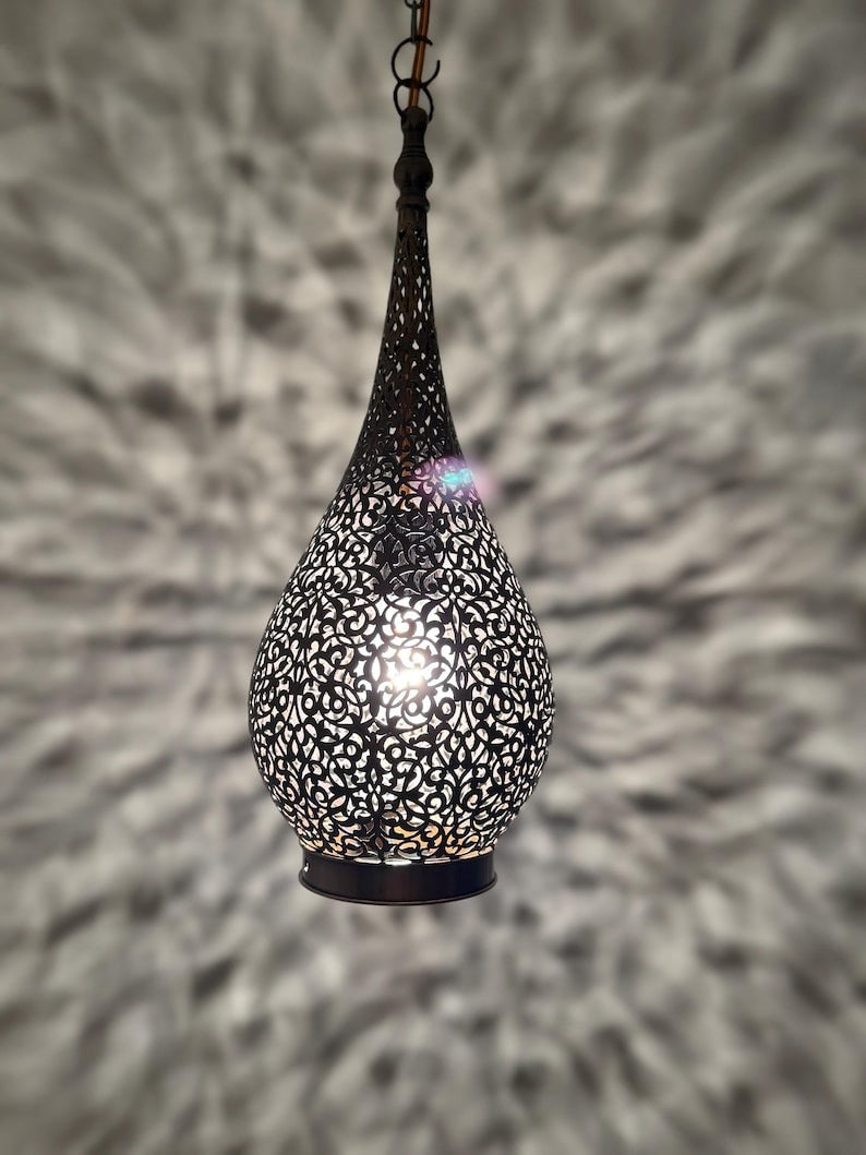 Moroccan Pierced Teardrop Lantern Pendant Light, Handmade Moorish Filigree Hanging Lamp, Boho Arabic Shadow Chandelier, Rustic Black Metal Ceiling Light Fixture