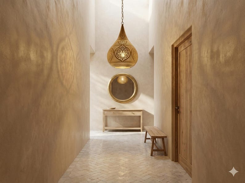 Moroccan Pierced Brass Teardrop Pendant Light – Large Filigree Lantern Chandelier with Shadow Pattern