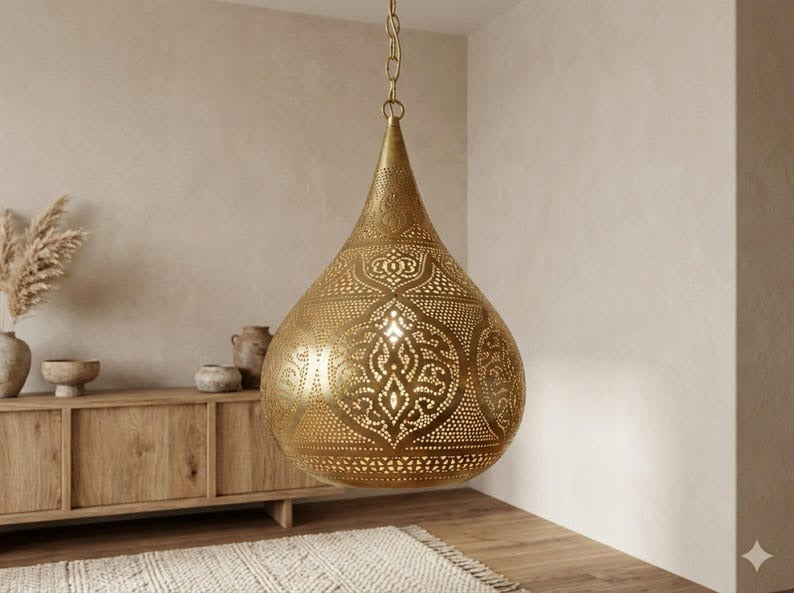 Moroccan Pierced Brass Teardrop Pendant Light – Large Filigree Lantern Chandelier with Shadow Pattern