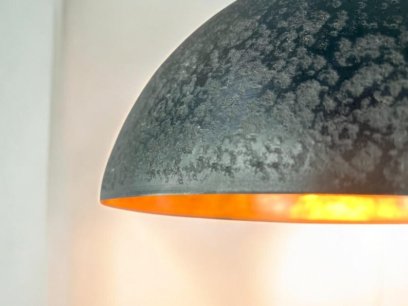 Handmade Moroccan Brass Pendant Light – Black Dome Ceiling Lamp with Hammered Texture, Copper Interior & Modern Industrial Design