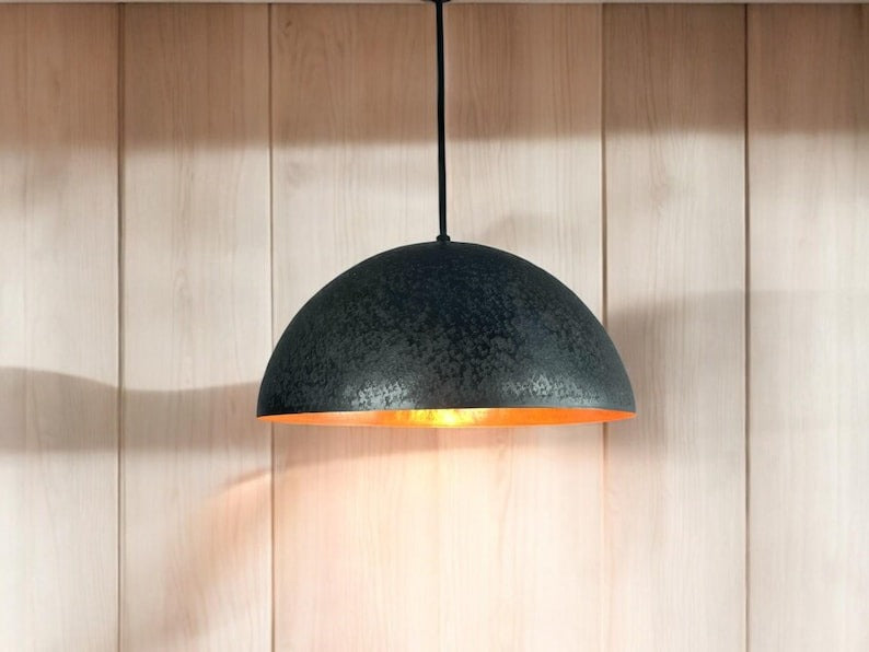 Handmade Moroccan Brass Pendant Light – Black Dome Ceiling Lamp with Hammered Texture, Copper Interior & Modern Industrial Design