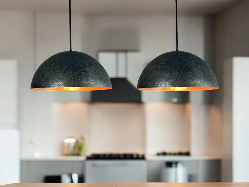 Handmade Moroccan Brass Pendant Light – Black Dome Ceiling Lamp with Hammered Texture, Copper Interior & Modern Industrial Design