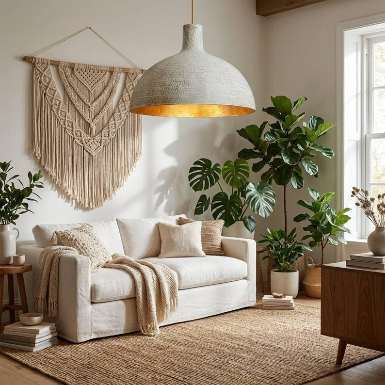 Handmade Moroccan Brass Dome Pendant Light – Textured Whitewashed Brass Hanging Lamp with Warm Gold Interior, Large Modern Boho Ceiling Light for Kitchen Island, Dining Room & Living Room