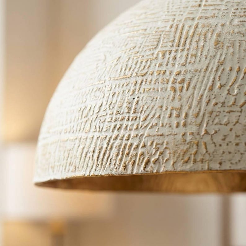 Handmade Moroccan Brass Dome Pendant Light – Textured Whitewashed Brass Hanging Lamp with Warm Gold Interior, Large Modern Boho Ceiling Light for Kitchen Island, Dining Room & Living Room