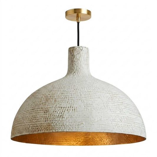 Handmade Moroccan Brass Dome Pendant Light – Textured Whitewashed Brass Hanging Lamp with Warm Gold Interior, Large Modern Boho Ceiling Light for Kitchen Island, Dining Room & Living Room