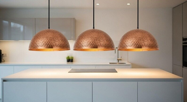 Handmade Moroccan Brass Dome Pendant Light – Hammered Copper Brass Hanging Lamp with Textured Scale Pattern, Warm Boho Mediterranean Ceiling Light for Kitchen Island, Dining Room & Living Room