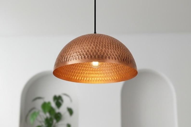 Handmade Moroccan Brass Dome Pendant Light – Hammered Copper Brass Hanging Lamp with Textured Scale Pattern, Warm Boho Mediterranean Ceiling Light for Kitchen Island, Dining Room & Living Room