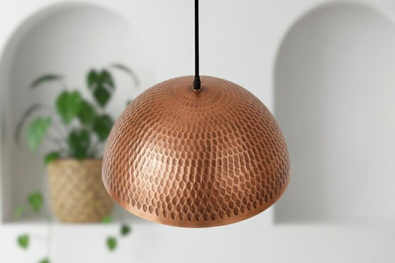 Handmade Moroccan Brass Dome Pendant Light – Hammered Copper Brass Hanging Lamp with Textured Scale Pattern, Warm Boho Mediterranean Ceiling Light for Kitchen Island, Dining Room & Living Room