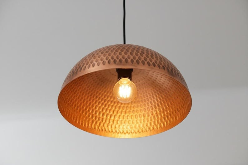 Handmade Moroccan Brass Dome Pendant Light – Hammered Copper Brass Hanging Lamp with Textured Scale Pattern, Warm Boho Mediterranean Ceiling Light for Kitchen Island, Dining Room & Living Room