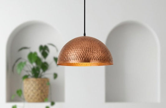 Handmade Moroccan Brass Dome Pendant Light – Hammered Copper Brass Hanging Lamp with Textured Scale Pattern, Warm Boho Mediterranean Ceiling Light for Kitchen Island, Dining Room & Living Room