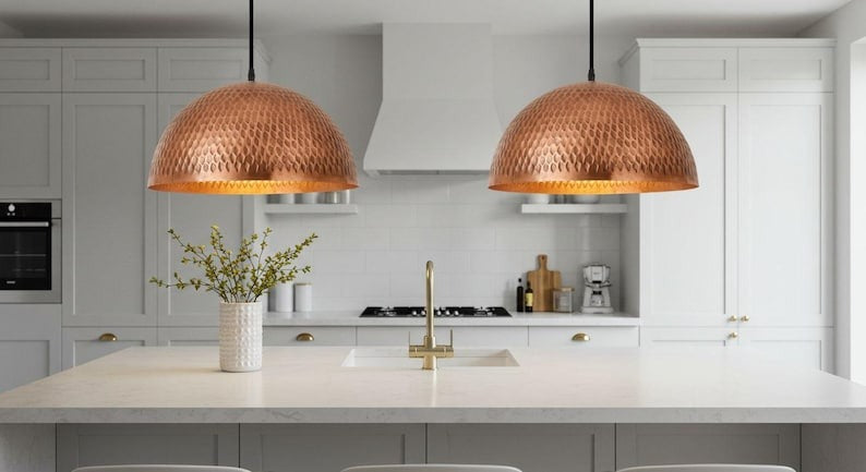 Handmade Moroccan Brass Dome Pendant Light – Hammered Copper Brass Hanging Lamp with Textured Scale Pattern, Warm Boho Mediterranean Ceiling Light for Kitchen Island, Dining Room & Living Room