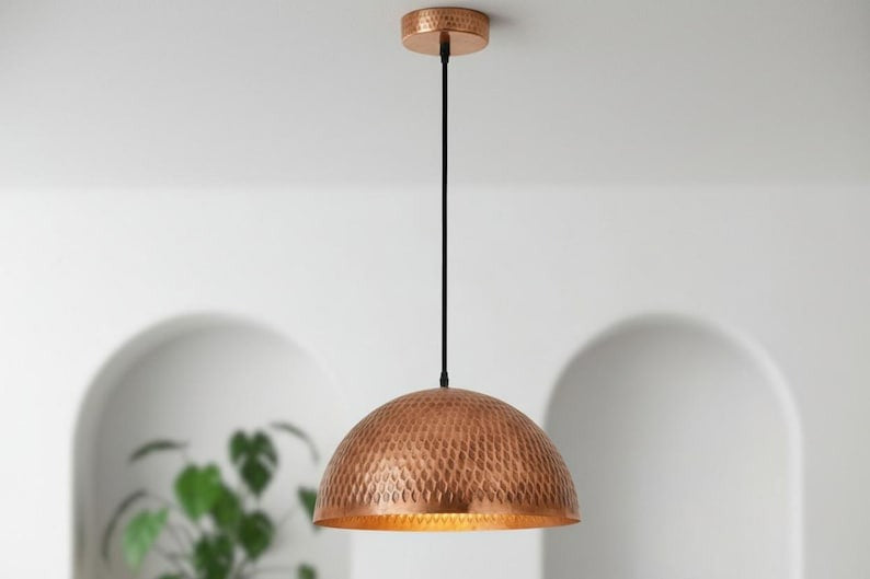 Handmade Moroccan Brass Dome Pendant Light – Hammered Copper Brass Hanging Lamp with Textured Scale Pattern, Warm Boho Mediterranean Ceiling Light for Kitchen Island, Dining Room & Living Room