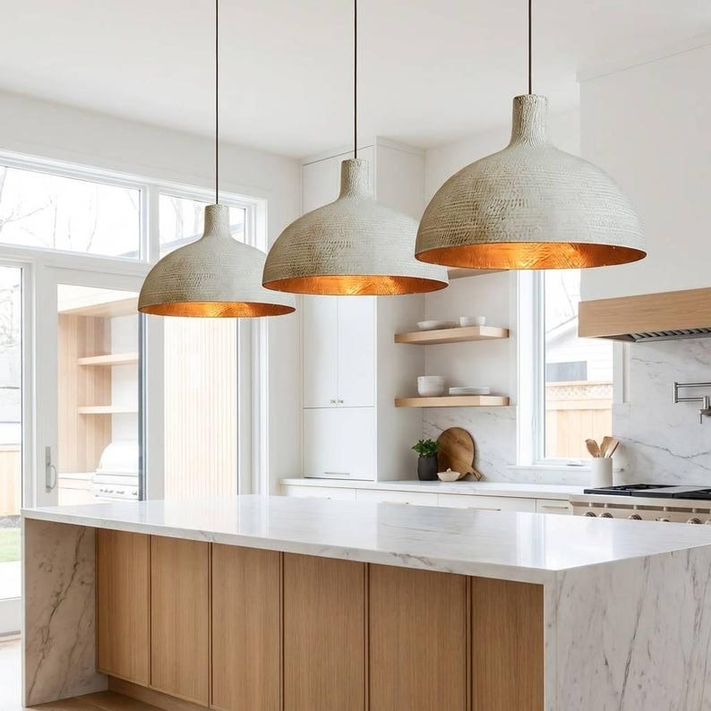 Handmade Moroccan Brass Dome Pendant Light – Textured Whitewashed Brass Hanging Lamp with Warm Gold Interior, Large Modern Boho Ceiling Light for Kitchen Island, Dining Room & Living Room