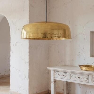 Antique Brass Saucer Pendant Light, Handmade Moroccan Pierced Brass Dome Chandelier, Wide Brass Kitchen Island Hanging Lamp, Rustic Boho Farmhouse Ceiling Light Fixture