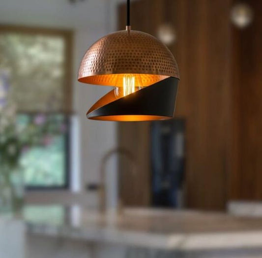 Handmade Two Tone Brass Pendant Light – Moroccan Copper & Black Cutaway Dome Hanging Lamp with Warm Gold Interior for Kitchen Island, Dining Room & Boho Home Décor