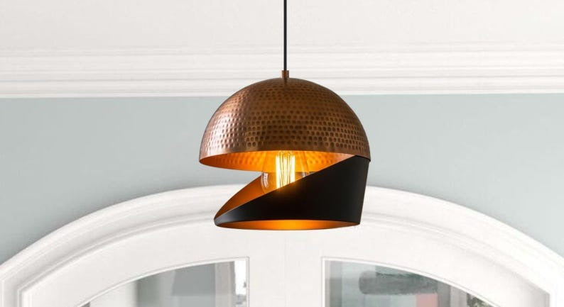 Handmade Two Tone Brass Pendant Light – Moroccan Copper & Black Cutaway Dome Hanging Lamp with Warm Gold Interior for Kitchen Island, Dining Room & Boho Home Décor