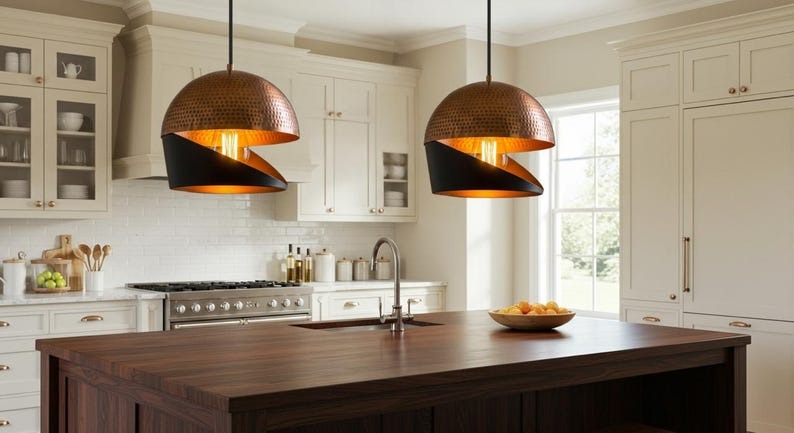 Handmade Two Tone Brass Pendant Light – Moroccan Copper & Black Cutaway Dome Hanging Lamp with Warm Gold Interior for Kitchen Island, Dining Room & Boho Home Décor