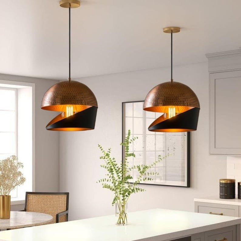 Handmade Two Tone Brass Pendant Light – Moroccan Copper & Black Cutaway Dome Hanging Lamp with Warm Gold Interior for Kitchen Island, Dining Room & Boho Home Décor