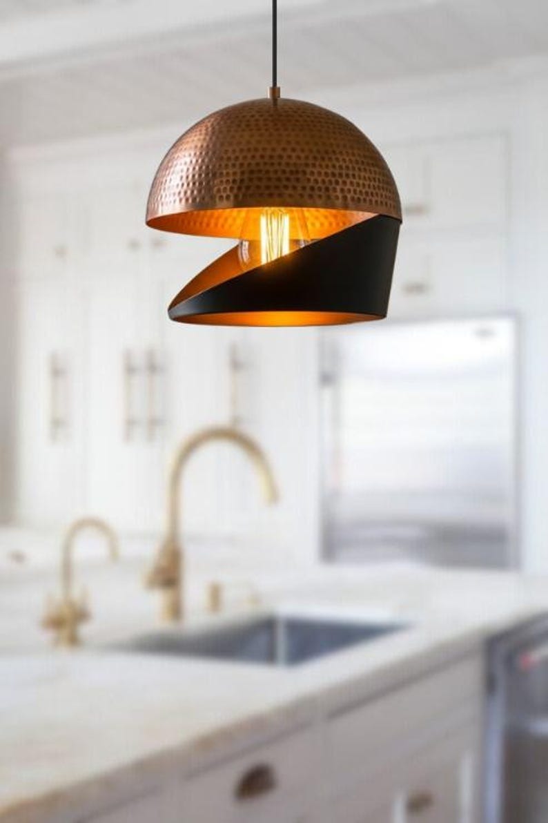 Handmade Two Tone Brass Pendant Light – Moroccan Copper & Black Cutaway Dome Hanging Lamp with Warm Gold Interior for Kitchen Island, Dining Room & Boho Home Décor
