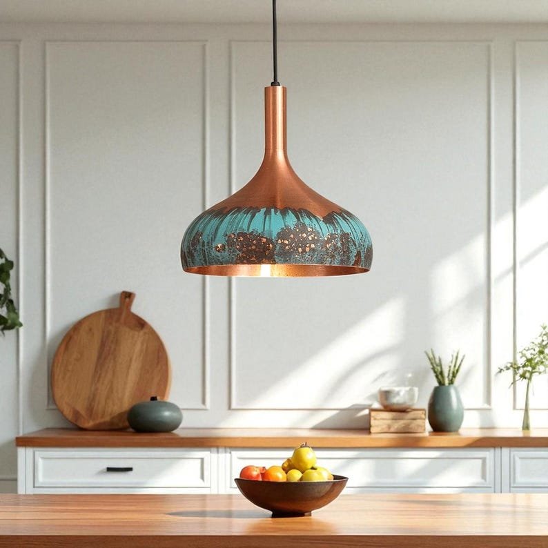 Turquoise Patina Copper Pendant Light, Handmade Hammered Dome Ceiling Lamp, Rustic Moroccan Kitchen Island Chandelier