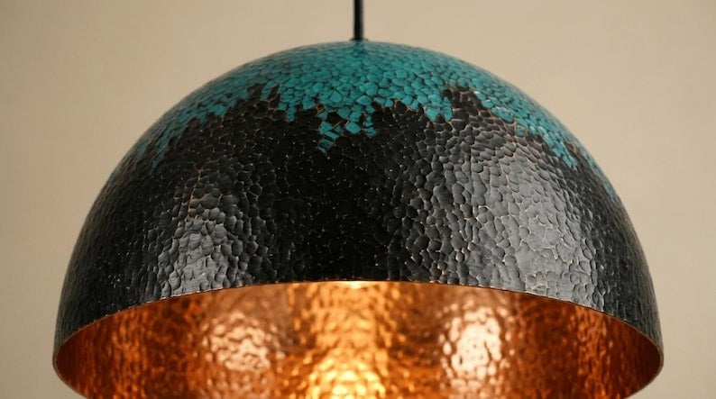 Handmade Black and Verdigris Brass Pendant Light – Hammered Dome Ceiling Lamp with Turquoise Patina and Copper Interior for Kitchen Island, Dining Room and Entryway