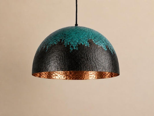 Handmade Black and Verdigris Brass Pendant Light – Hammered Dome Ceiling Lamp with Turquoise Patina and Copper Interior for Kitchen Island, Dining Room and Entryway