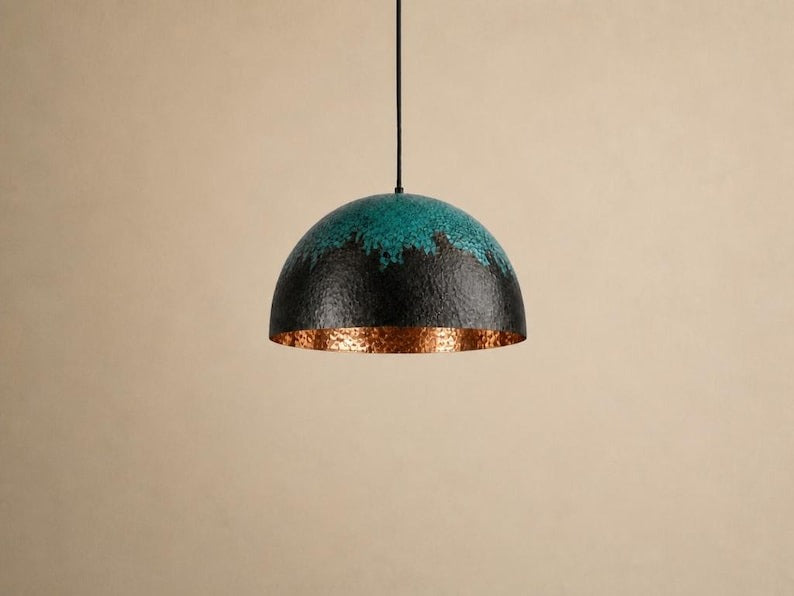 Handmade Black and Verdigris Brass Pendant Light – Hammered Dome Ceiling Lamp with Turquoise Patina and Copper Interior for Kitchen Island, Dining Room and Entryway