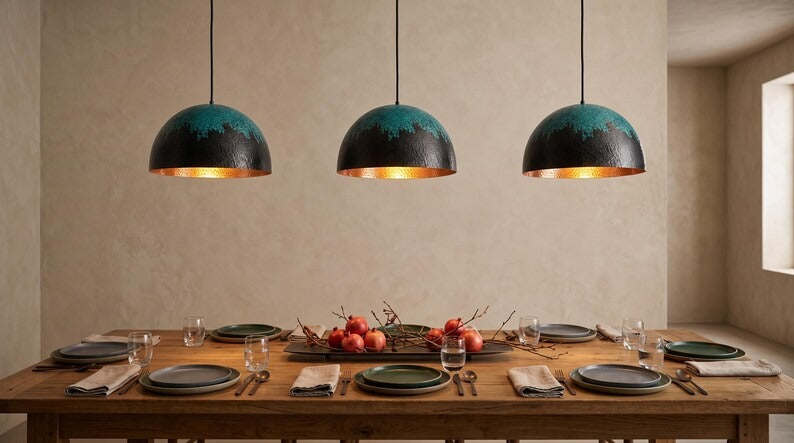 Handmade Black and Verdigris Brass Pendant Light – Hammered Dome Ceiling Lamp with Turquoise Patina and Copper Interior for Kitchen Island, Dining Room and Entryway