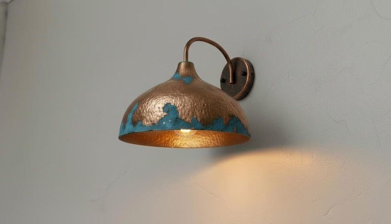 Handmade Moroccan Brass Wall Sconce – Hammered Brass Dome Wall Light with Turquoise Patina Finish, Artisan Boho Mediterranean Bedside Sconce for Bedroom, Hallway, Bathroom Vanity & Entryway