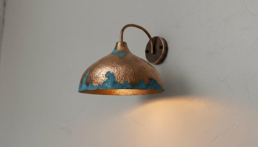 Handmade Moroccan Brass Wall Sconce – Hammered Brass Dome Wall Light with Turquoise Patina Finish, Artisan Boho Mediterranean Bedside Sconce for Bedroom, Hallway, Bathroom Vanity & Entryway