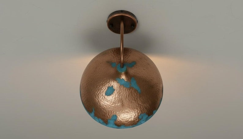 Handmade Moroccan Brass Wall Sconce – Hammered Brass Dome Wall Light with Turquoise Patina Finish, Artisan Boho Mediterranean Bedside Sconce for Bedroom, Hallway, Bathroom Vanity & Entryway