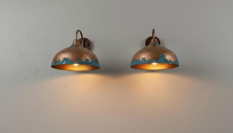 Handmade Moroccan Brass Wall Sconce – Hammered Brass Dome Wall Light with Turquoise Patina Finish, Artisan Boho Mediterranean Bedside Sconce for Bedroom, Hallway, Bathroom Vanity & Entryway